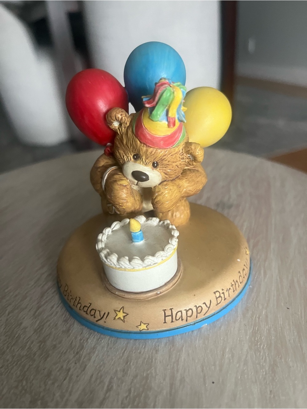 Gund Tan Bear Figurine with Red, Blue & Yellow Balloons
